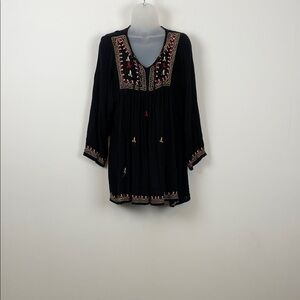 Geeta Boho Hippie Gypsy Embroidered Long Sleeve Tie Neck Black Casual Tunic Top